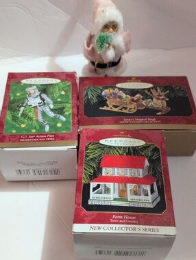 4 Ornaments - Red & White Cottage , Spaceman & Santa's Sleigh & Santa